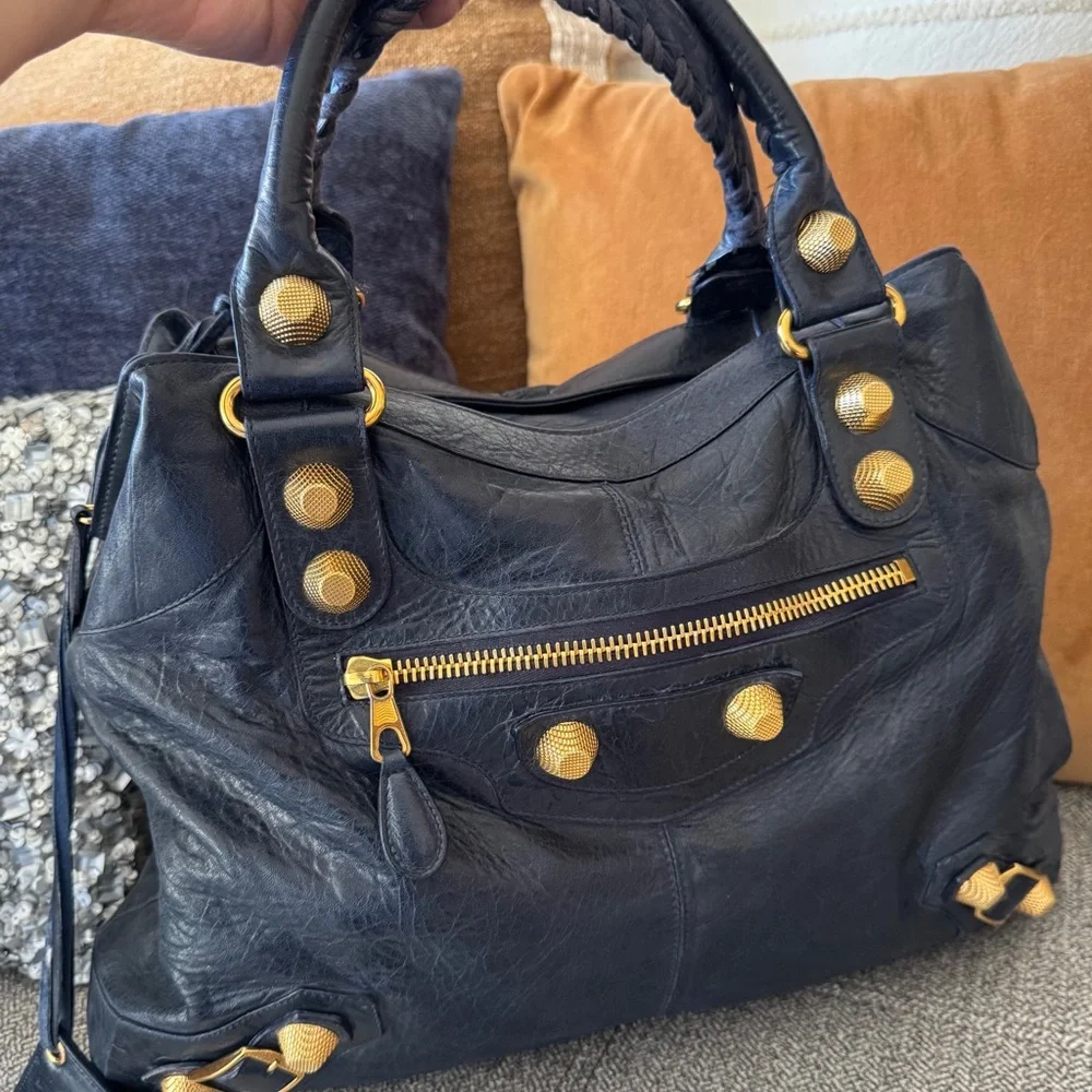 Vintage Balenciaga Marine Blue Leather Giant 21 Gold Brief Bag